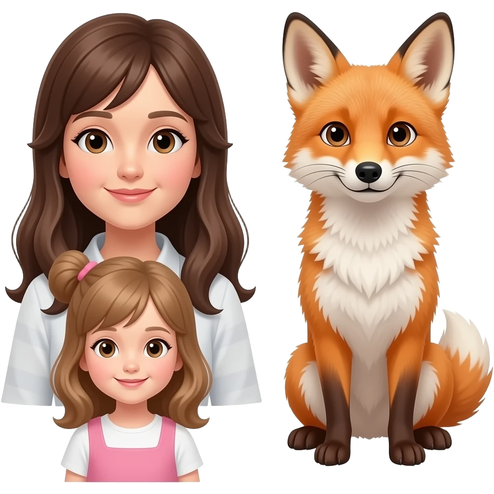 mamma con frangetta, capelli lunghi e una figlia  grande ciuffo al lato capelli marrone chiaro e occhi marrone con una cagnolina volpino emoji