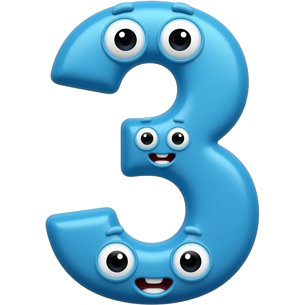 A blue number 3 with three mouths and three eyes emoji