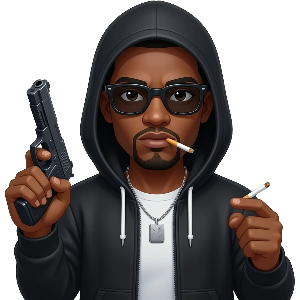 A gangster with a black hoody and a gun and cigarettes dark skin emoji