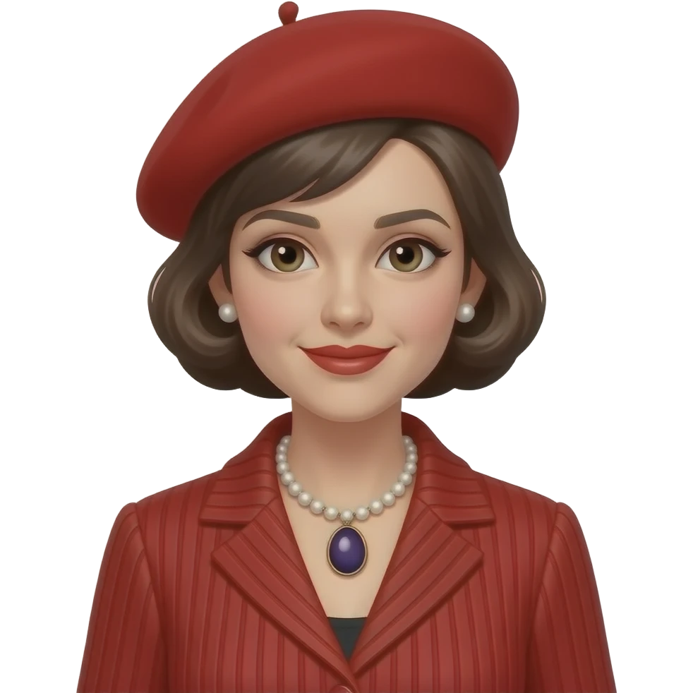 A medium shot captures a woman in a vintage red beret and a matching ribbed red jacket. She is adorned with a pearl necklace and a large, dark pendant. emoji