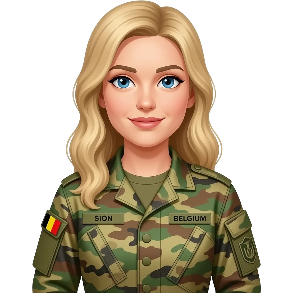 woman - military - blond long hair - blue eyes - feminine - under officer grade - SION on name tag on the left - BELGIUM on the name tag on the right - Belgium flag on the left arm - long sleeves for uniform - camouflage field uniform - kaki t-shirt under the uniform emoji