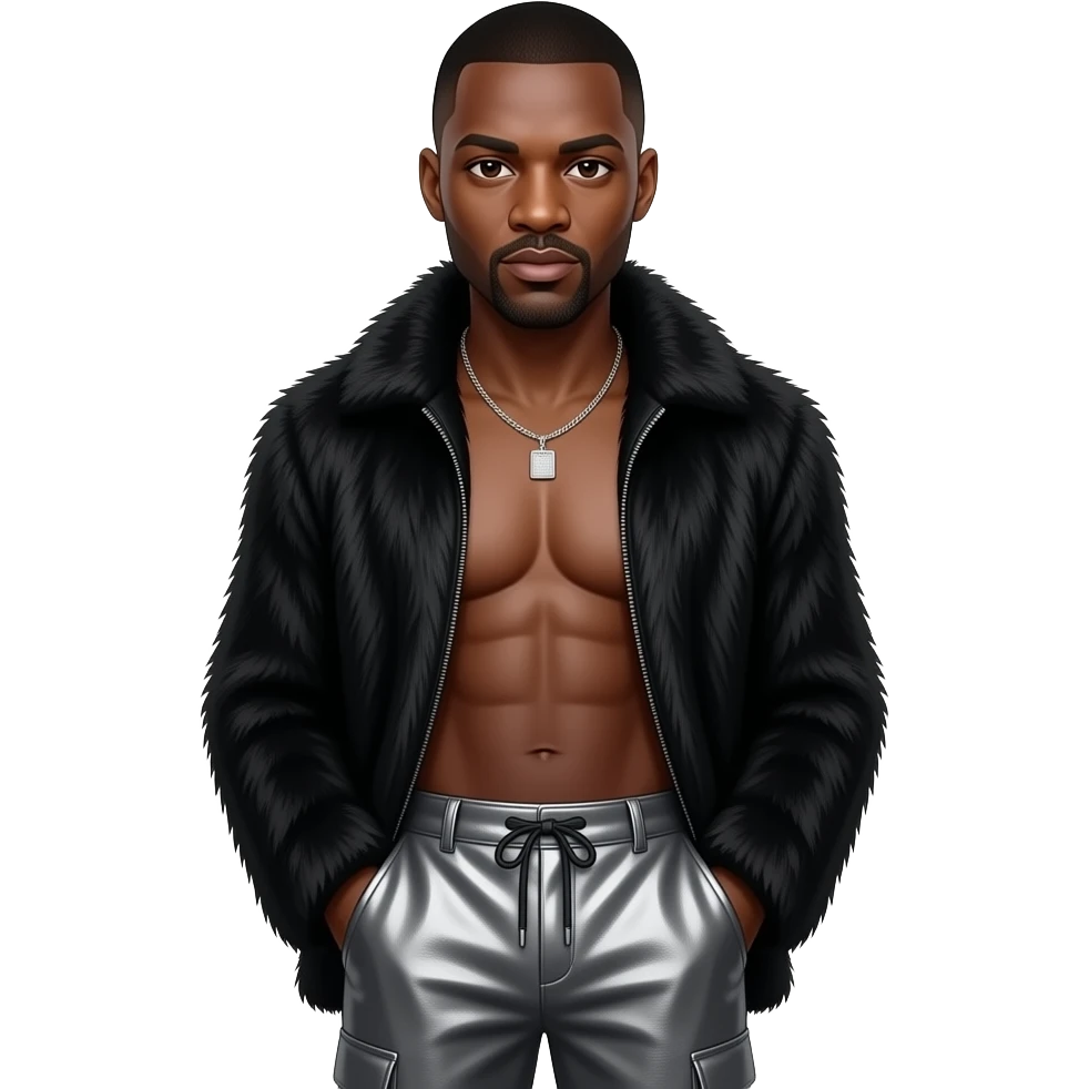 Idris Elba with dark brown eyes, black buzz cut hair, black fur shawl, charcoal gray metallic baggy pants, shirtless with necklace emoji