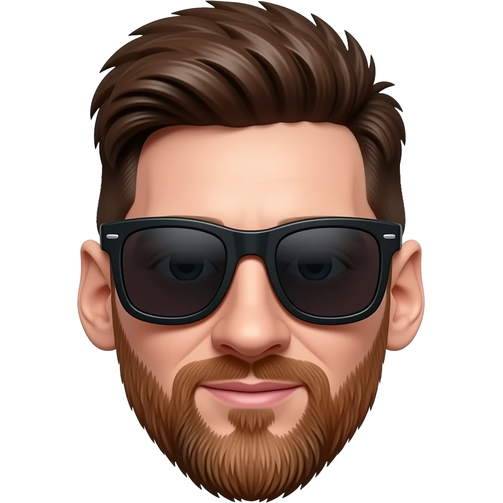 Messi-inspired 3D emoji, same face every time, 1 large black sunglasses beside face. emoji