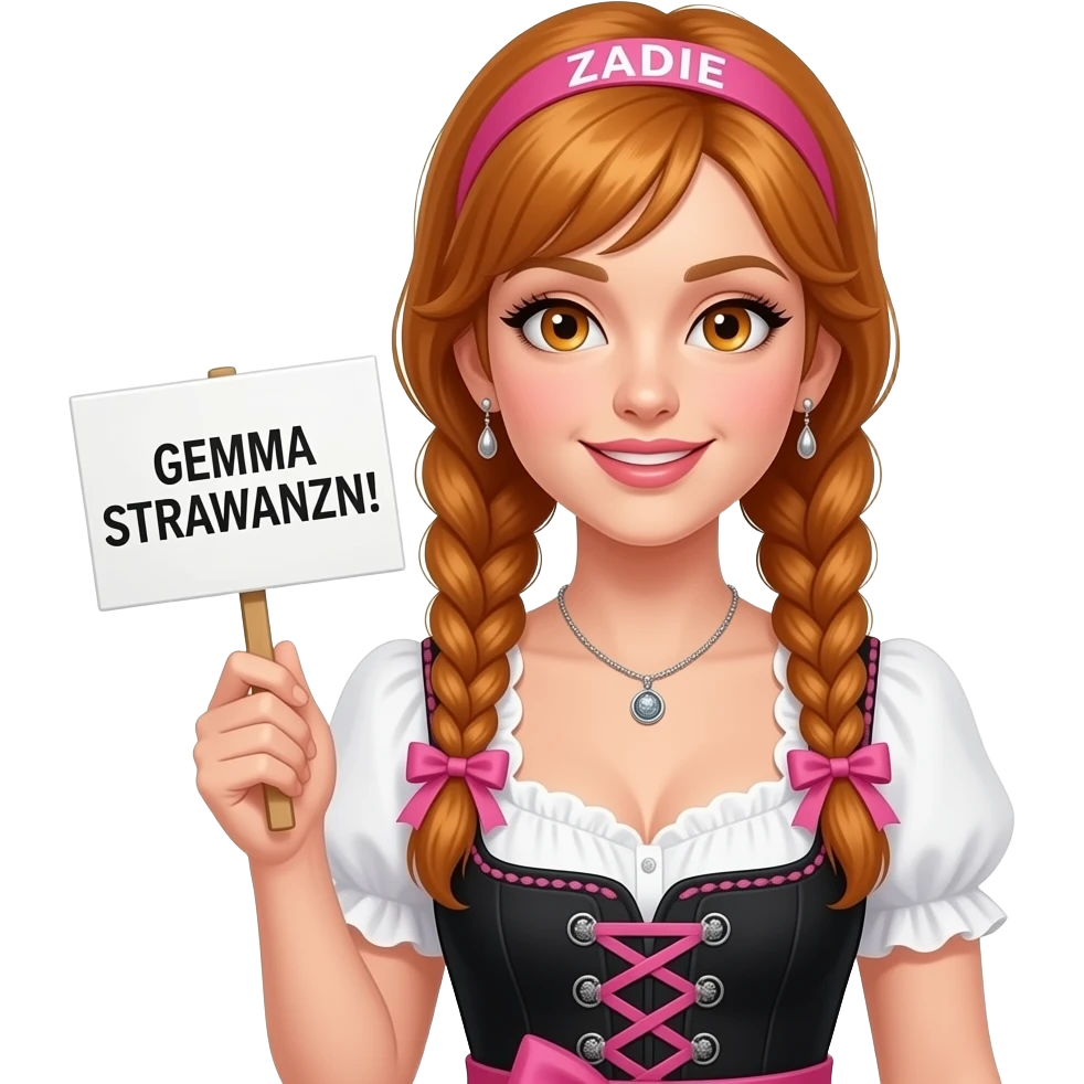 sexy girl with overlong ginger braids and ginger eyes wearing a black pink dirndl and a pink headband with ZADIE written on it, is holding a sign with GEMMA STRAWANZN! written on it emoji