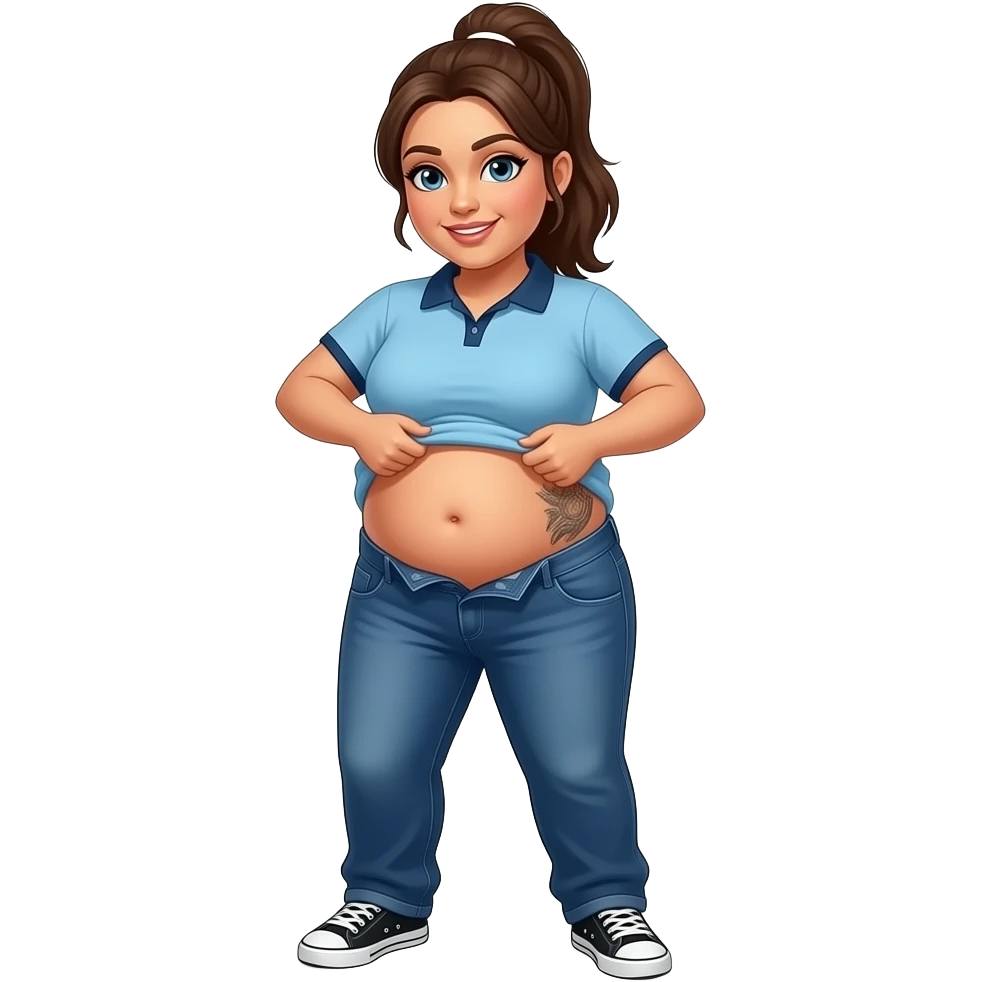 Obese Hispanic woman with brown ponytail and blue eyes light blue dark blue lined polo and dark blue baggy jeans and belly button and black and white sneakers lifting her shirt belly tattoo on front emoji