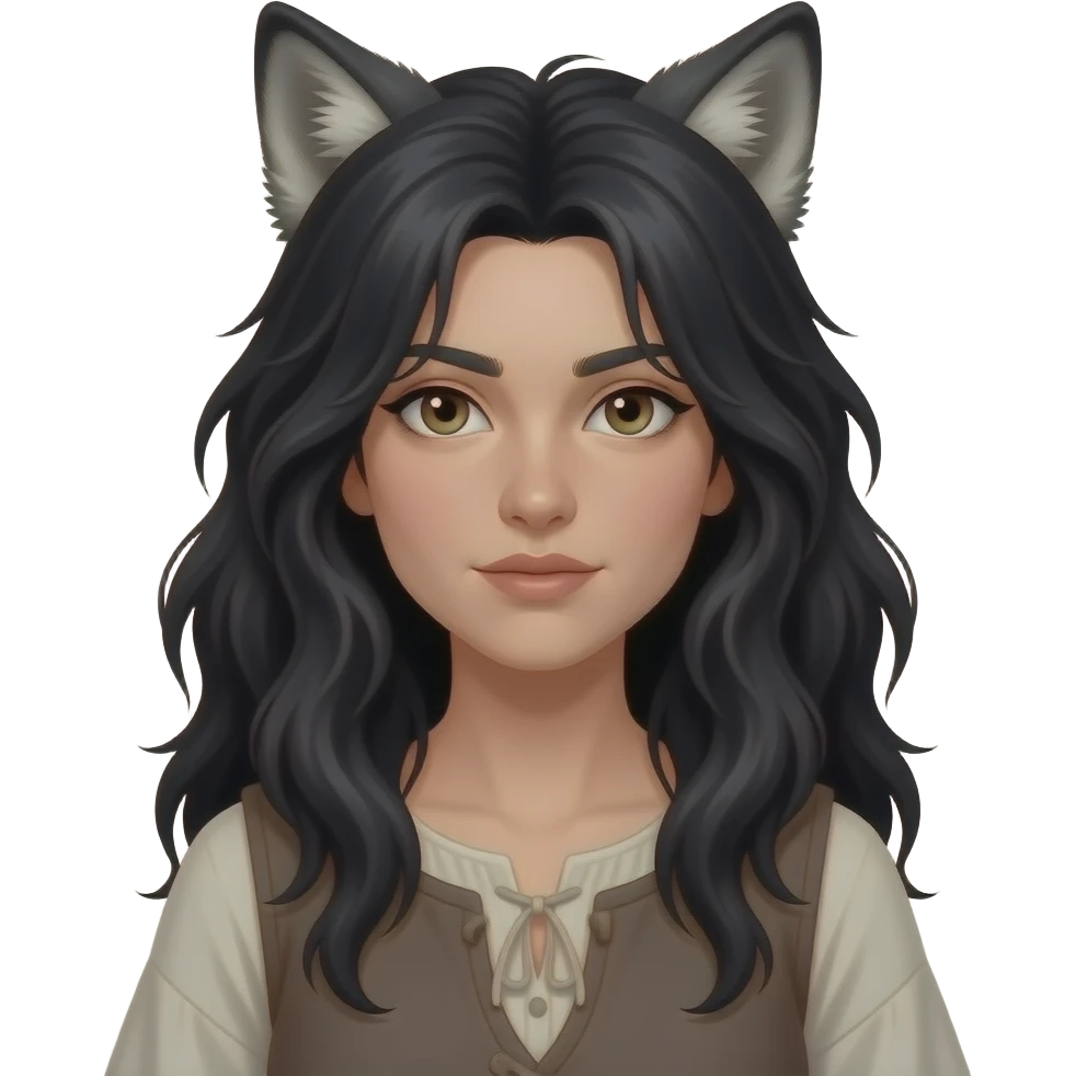 > “Female lycan portrait, long messy black hair, wolf ears, simple villager clothes, rough ordinary face, dark fantasy style” emoji