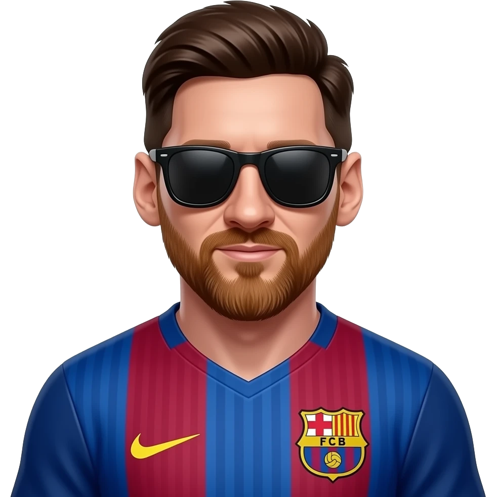 Messi-inspired 3D emoji, full Barcelona jersey, 2 identical black sunglasses attached vertically on the jersey, face clear. emoji