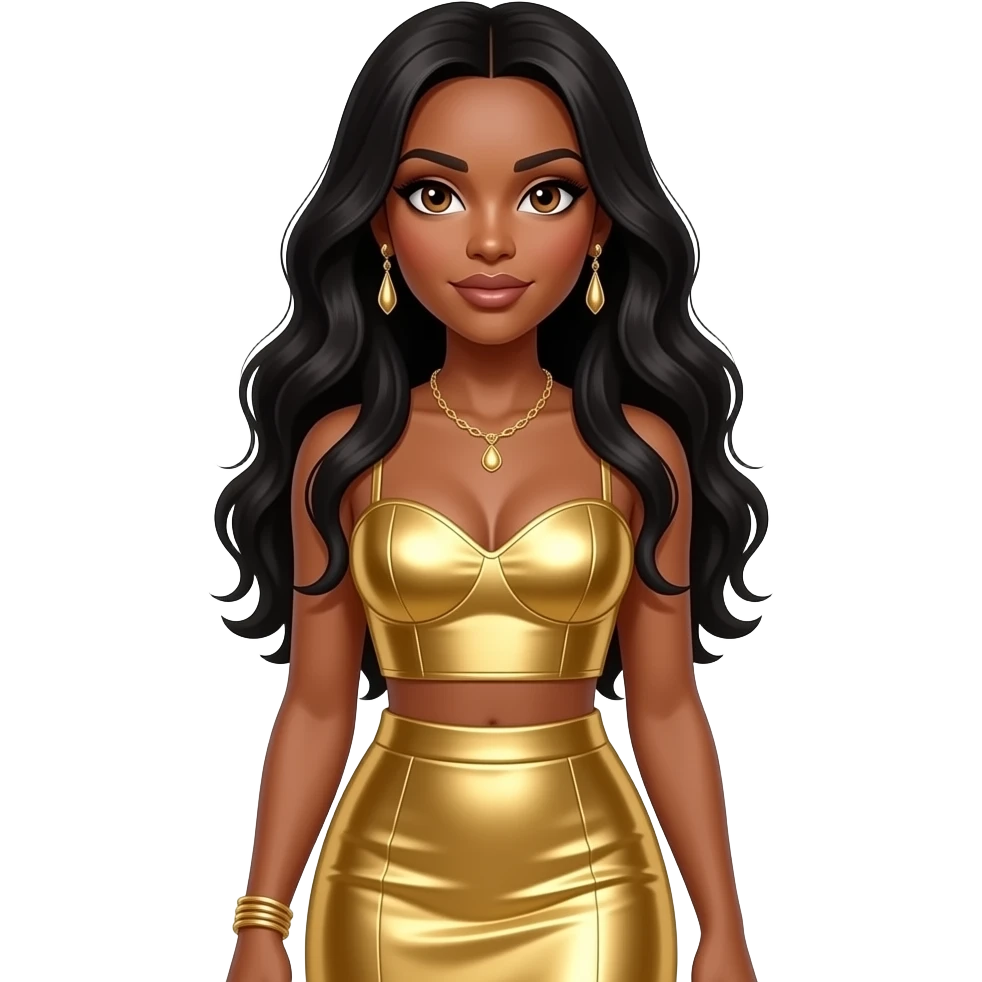 Tenitra Michelle Williams from Destiny's Child with brown eyes, long black hair, gold metallic sweetheart crop top, gold metallic long skirt, necklace and earrings emoji