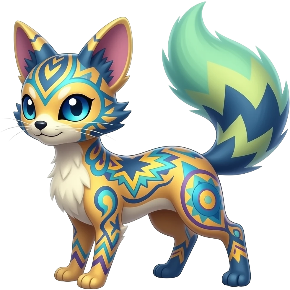 Colorful spunky elegant thin tall slim unique fantasy original shiny smooth soft flurry edgy cool Civet-Absol-Sprigatito-Vaporeon-Fakémon-hybrid with tribal chevron heart floral lightning bolt strikes damask paisley markings emoji