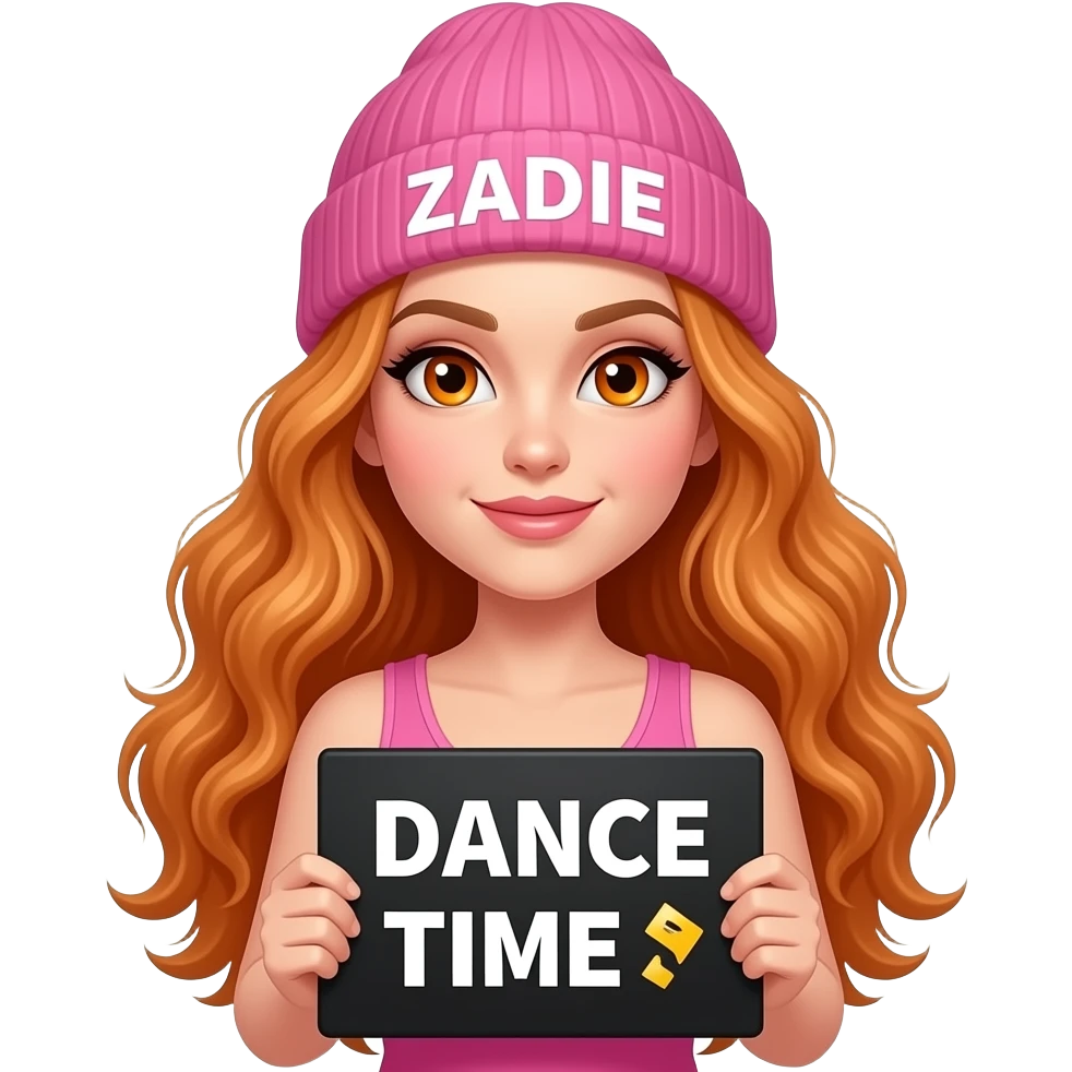 sexy girl with overlong wavy ginger hair and ginger eyes wearing a pink tanktop and a pink beanie with ZADIE written on it, is holding a black sign with DANCE TIME 💃 written on it emoji