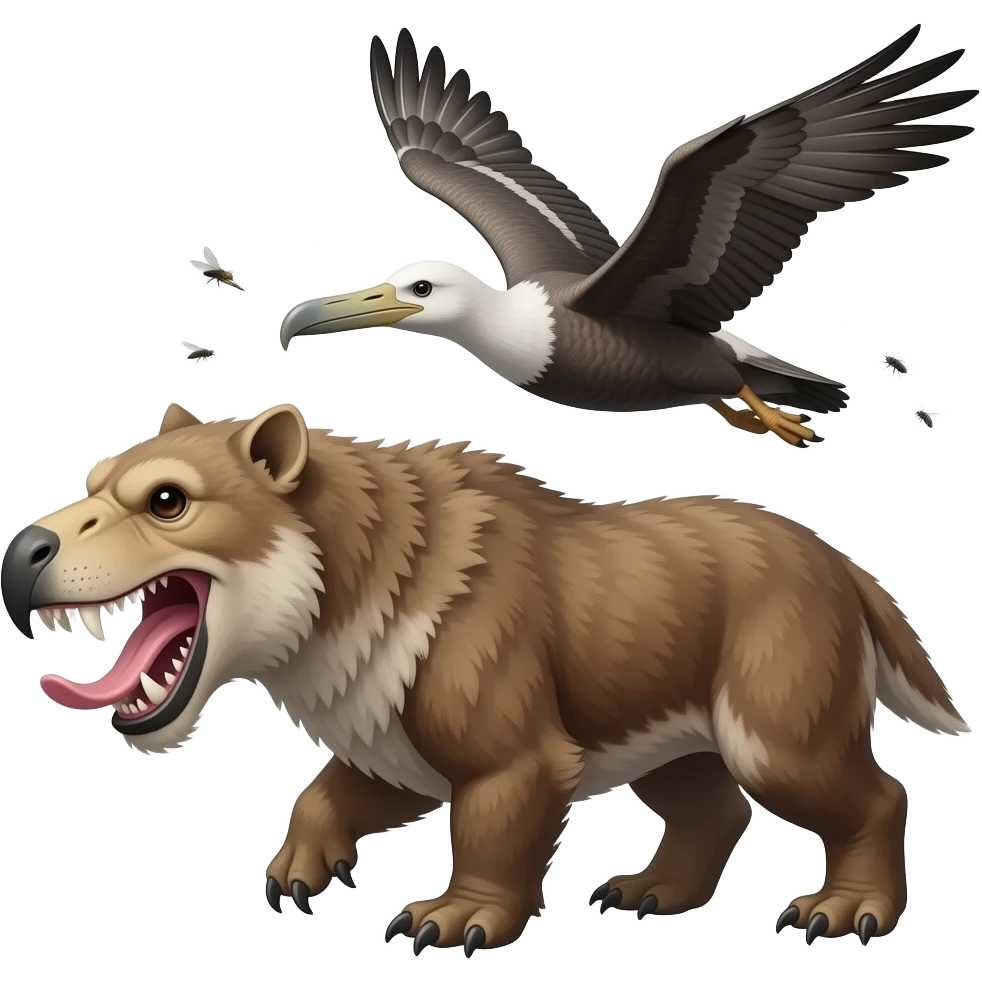 Pelagornis and flies flying away from smilodon emoji