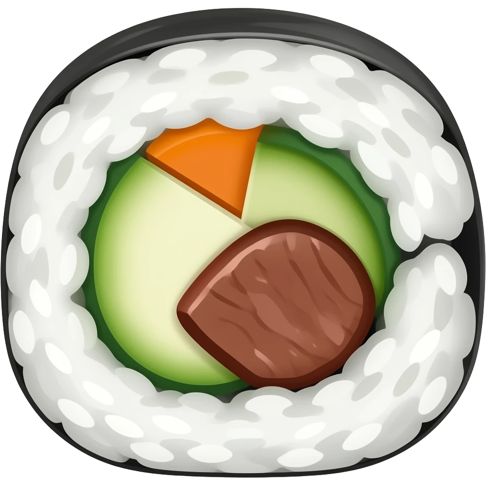 야채와 소불고기가 들어간 한국식 김밥 한 조각을 눕혀놓은 emoji