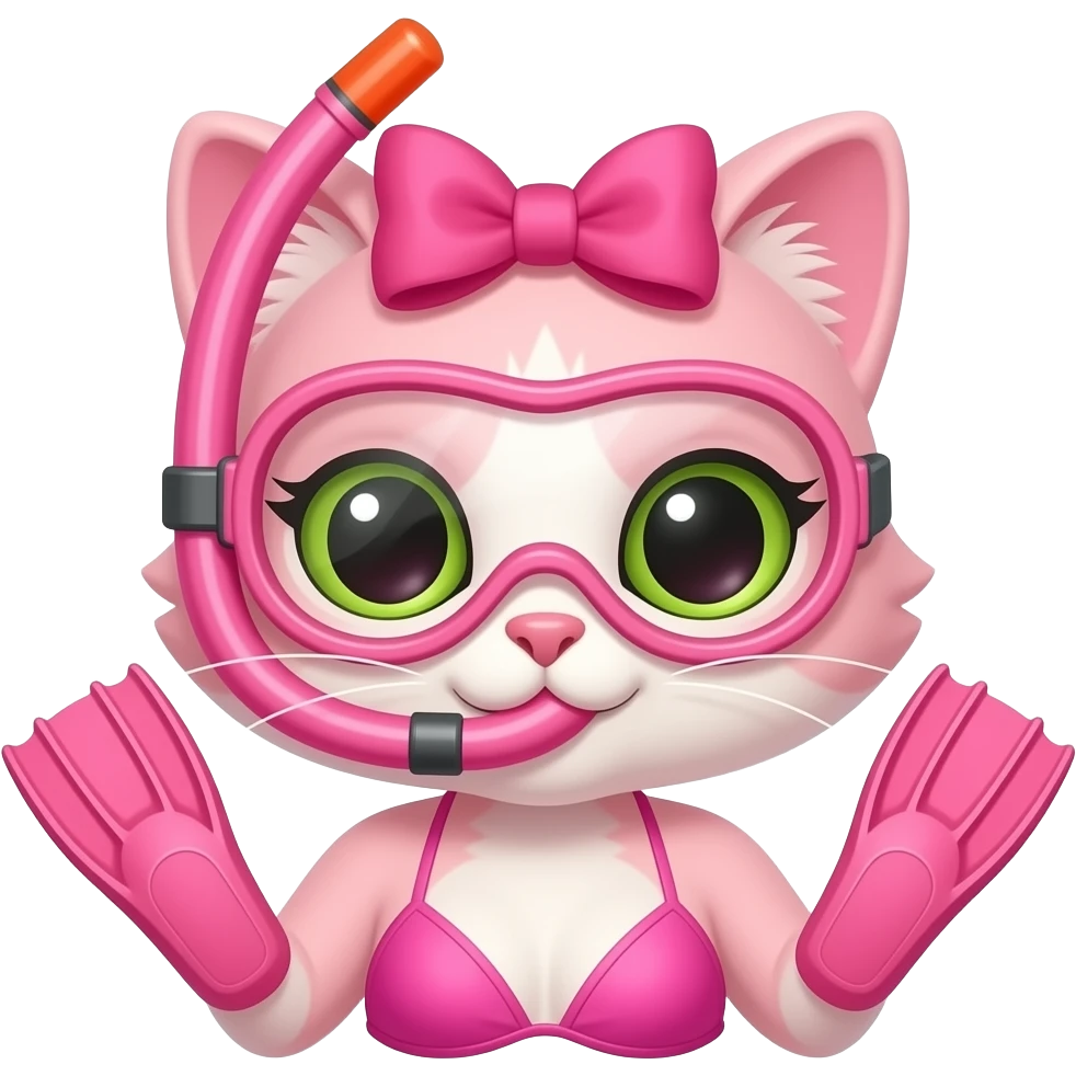 pink anthro cat with a pink bow on the head pink snorkel a pink flippers and a pink bikini emoji