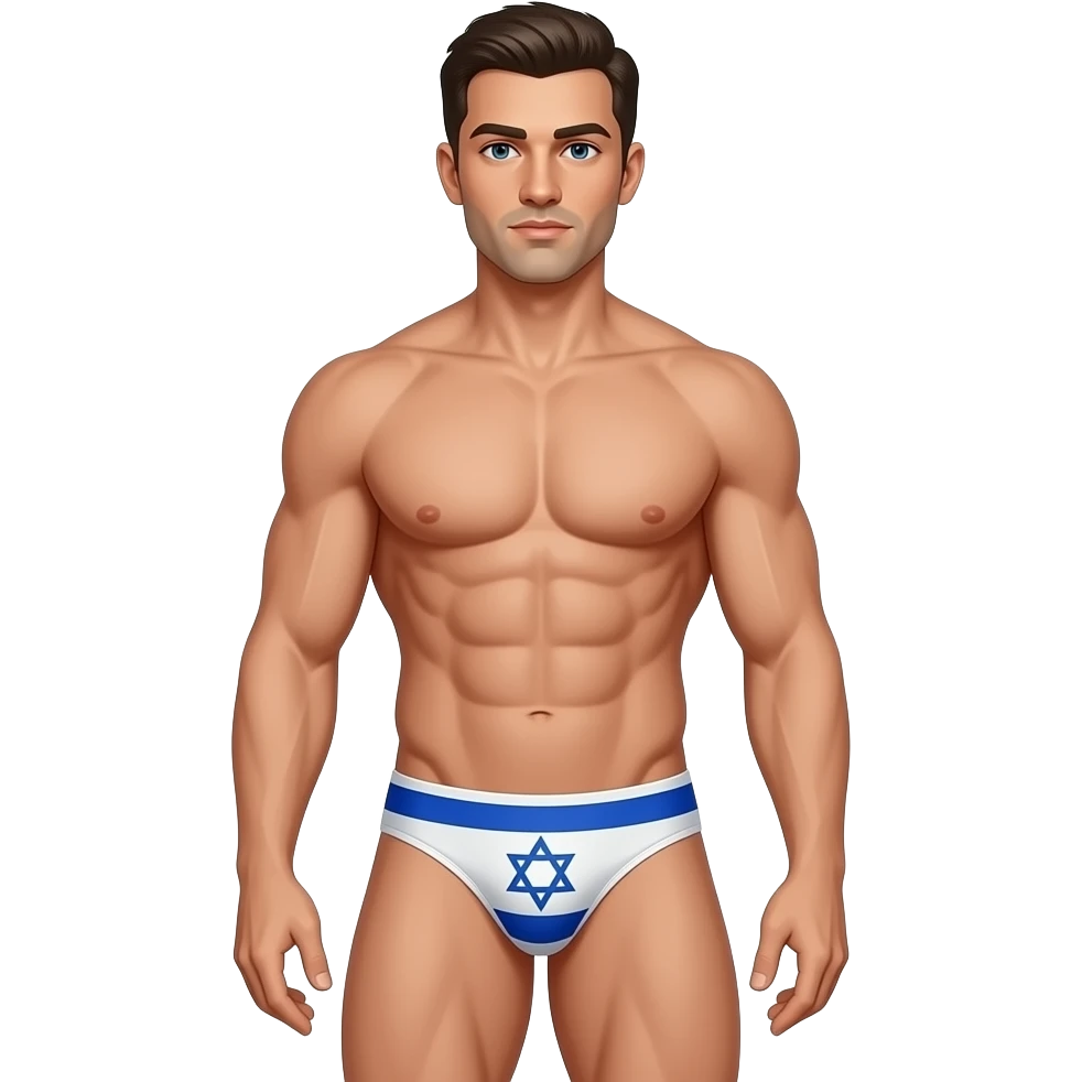 upper body (thighs-up) male figure with israeli face, hair, and body standing with muscular build in thin, narrow thong with israel flag theme emoji