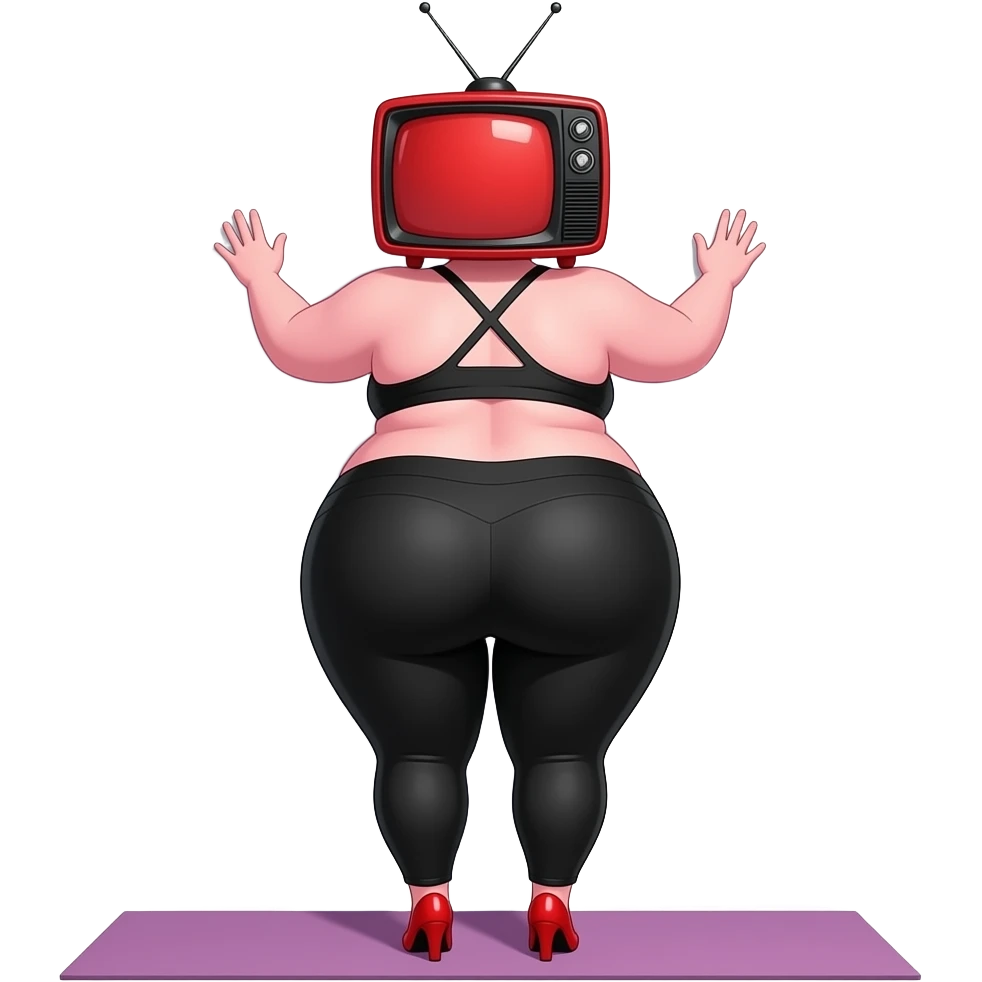 Wide Obese Anime shiny extremely curvy and fat big booty a pink skin and a and back of a red tv head female creature showing back her buttocks with putting her hands behind the wall with her yoga clothes and black pants red and big buttlocks with a tv head with small red heels big big big boobs emoji