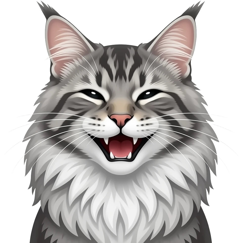 Silver tabby maine coon with laugh, more fur, thinner, only head emoji