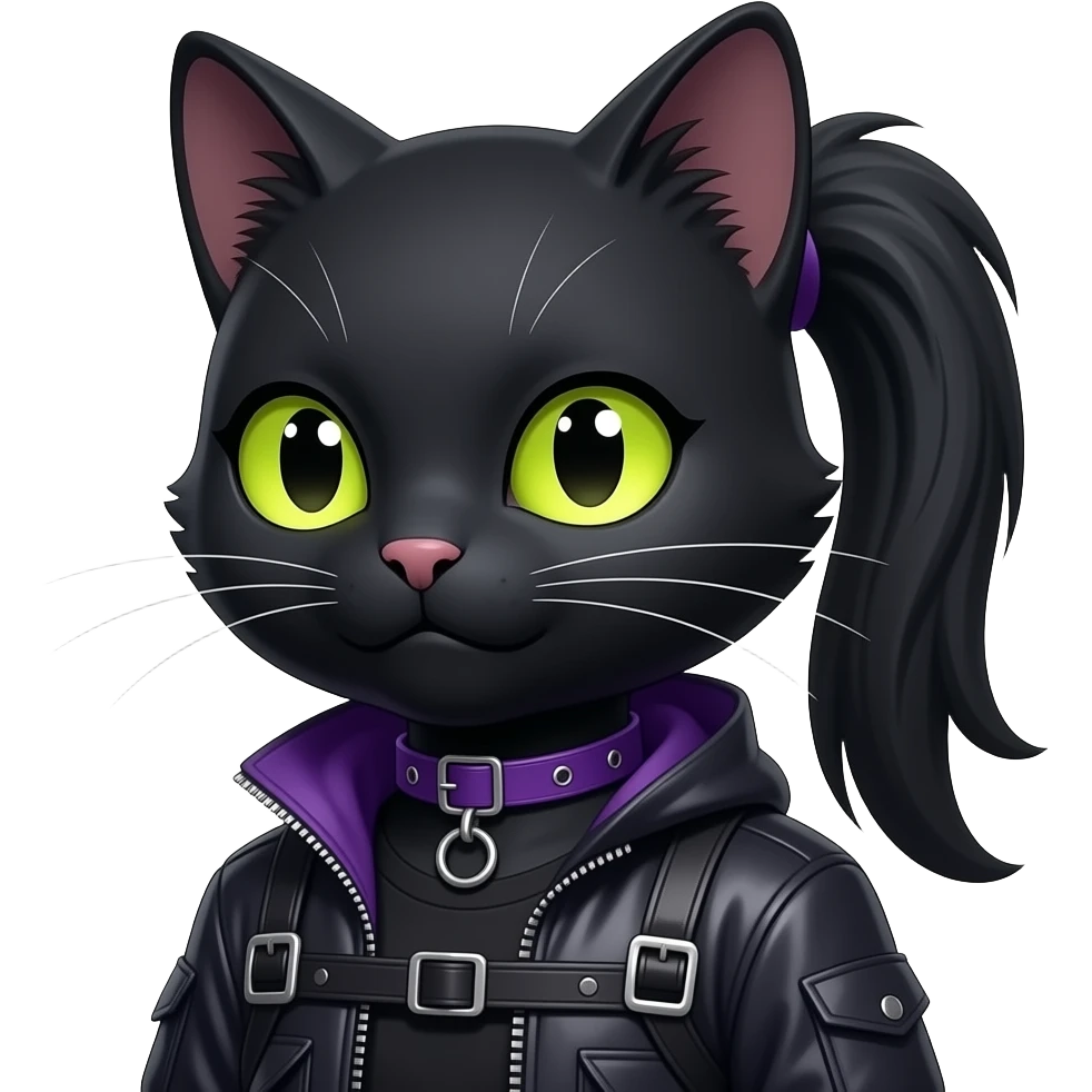 Gorgeous furry tomboy-hairstyles anthropomorphic digitigrade human-like gothic dark techwear anime style anthro black cat furry sona Fakemon with blushing face yellow-green eyes with ponytail, aesthetic and pretty edgy black with violet collar and harness trending style emoji