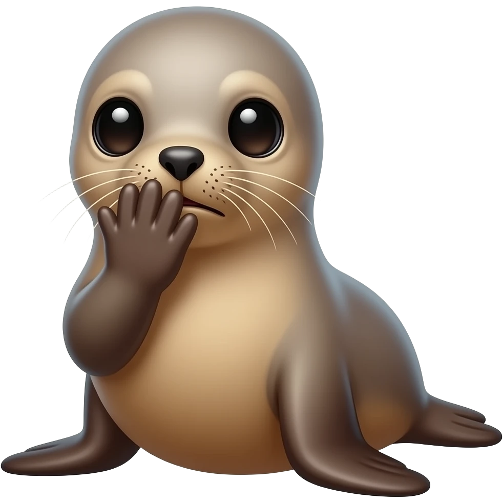 A cute sea lion looks shy or embarrassed, hiding its snout with its flipper emoji