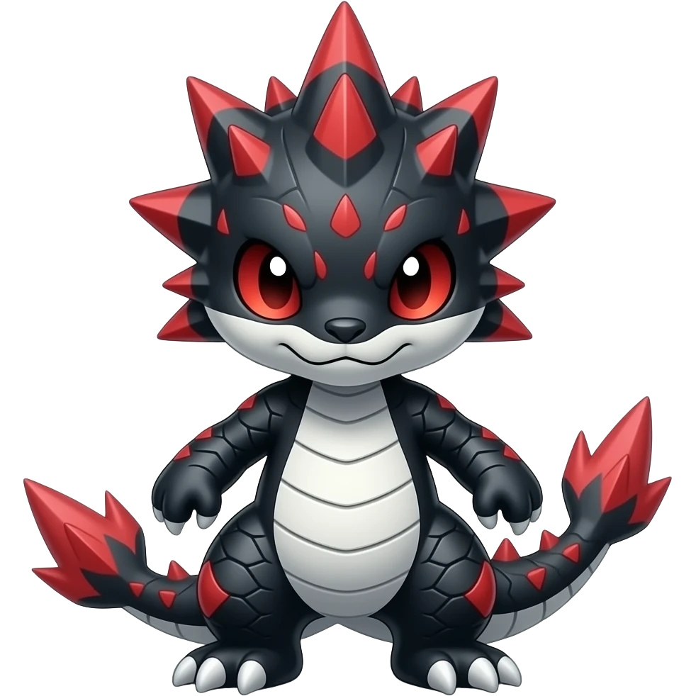 Cute cool black red white animal hybrid-Digimon-Fakemon full body, detailed, spiky, scaly, edgy emoji