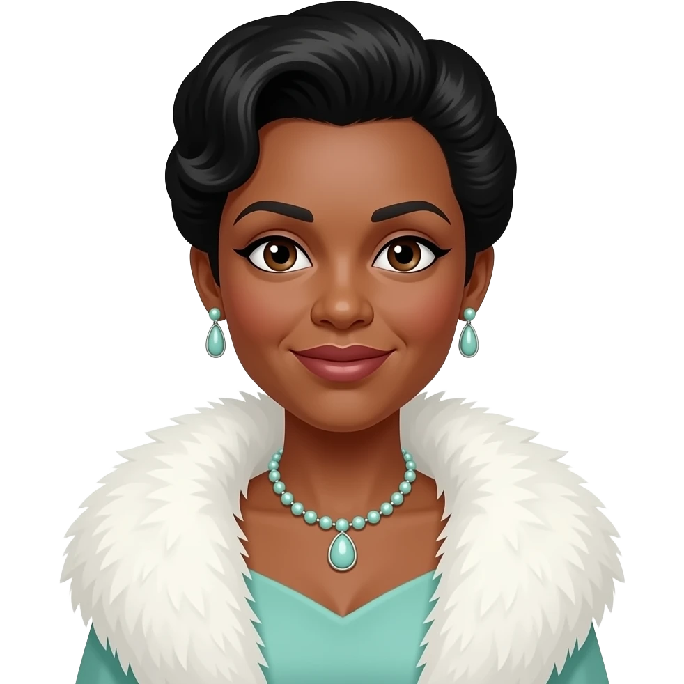 Mary Wilson with brown eyes, black beehive hair, mint green dress, white fur shawl, necklace and earrings emoji