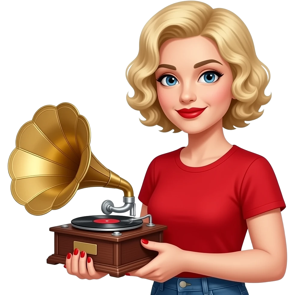 above neck Short blonde curly hair holding a victrola with red nails, in a red short sleeve shirt, red lipstick, black eyebrows emoji