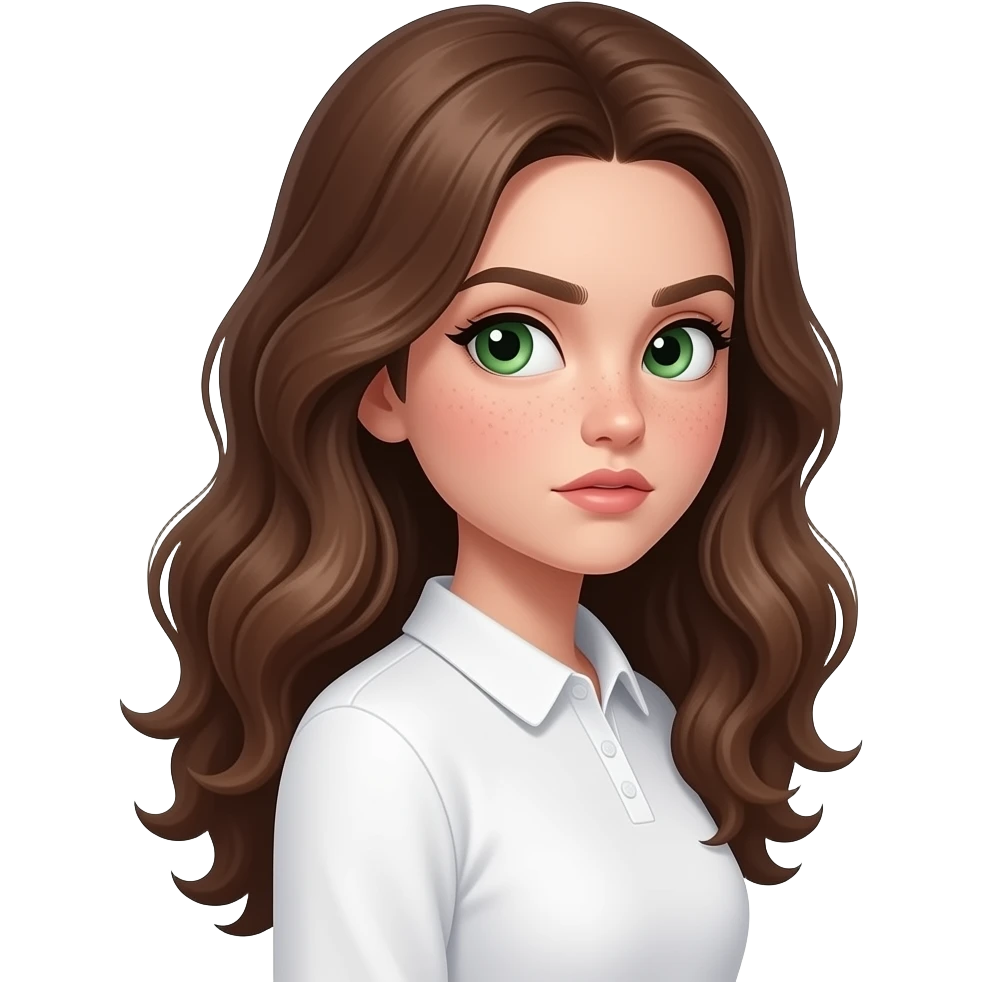 very visible judgmental, cartoonish, grotesque side-eye meme by Brown wavy long haired with green eyes cute face with freckles pretty girl in cute  white top with long sleeve and soft collar, side view, strong face expression, very suspicious look with eyebrows raised, caricatured side eye emoji