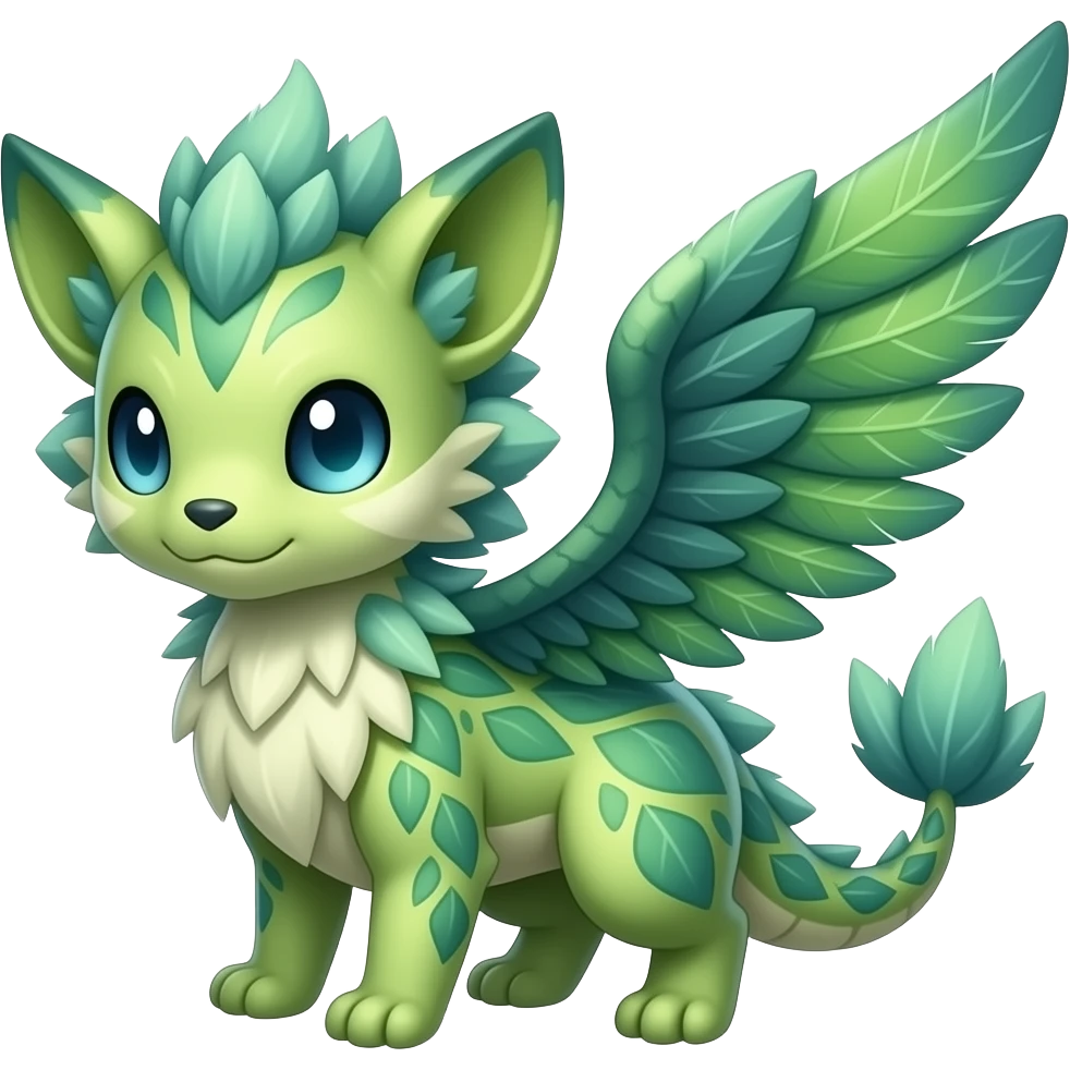 Cute cool fantasy animal hybrid Fakemon full body, green scales, leaves, feathers,  SIMILAR emoji
