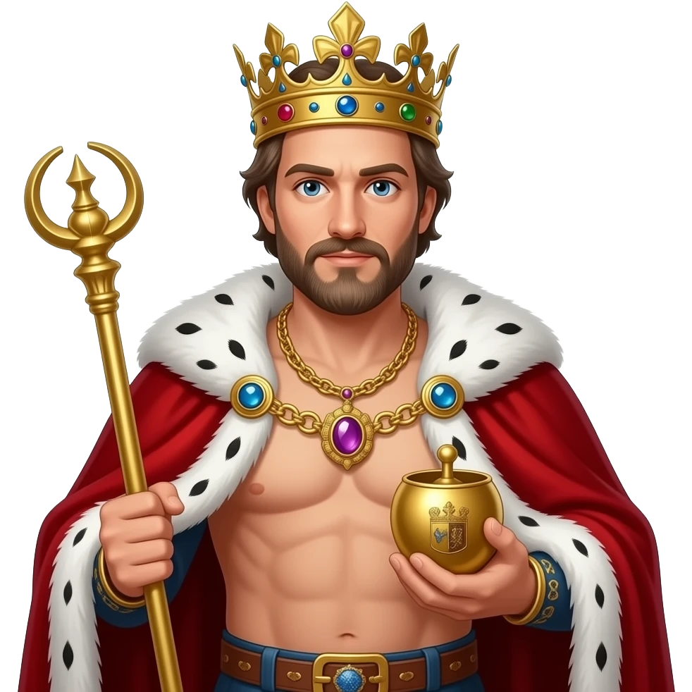 Portrait von einem König um die 40 mit brauen und leicht grauen Strähnen in den Haaren und Bart. er trägt eine prunkvolle königliche krone und Goldkette mit Edelsteinen. Er hat kein Hemd an und öffnet sein roten samt Umhang mit weißen Pelz. Er hält ein Zepter und ein Reichsapfel in sein Händen emoji