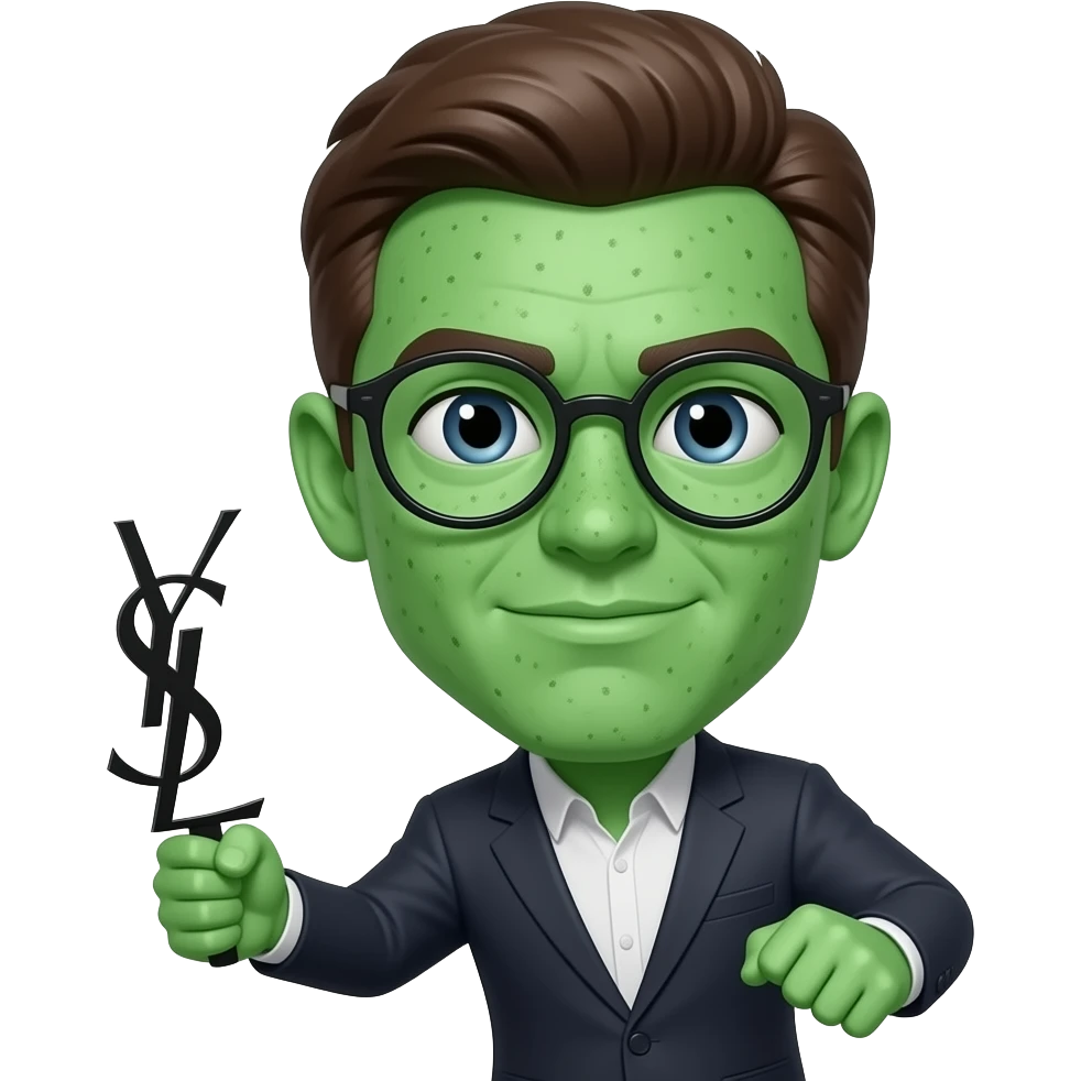 Create a lightskin. Very light . With a green face and freckles and glasses . Throwing a ysl sign emoji