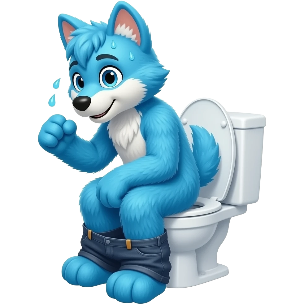 blue fursuit sitting on toilet, side view , pants down, pushing, sweating face emoji