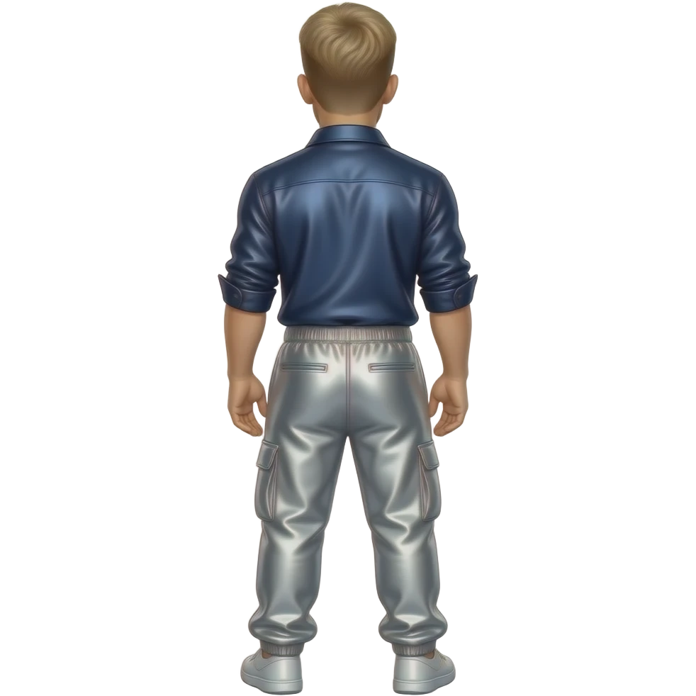 Justin Timberlake from behind with blonde hair, navy metallic shirt, silver metallic baggy joggers emoji