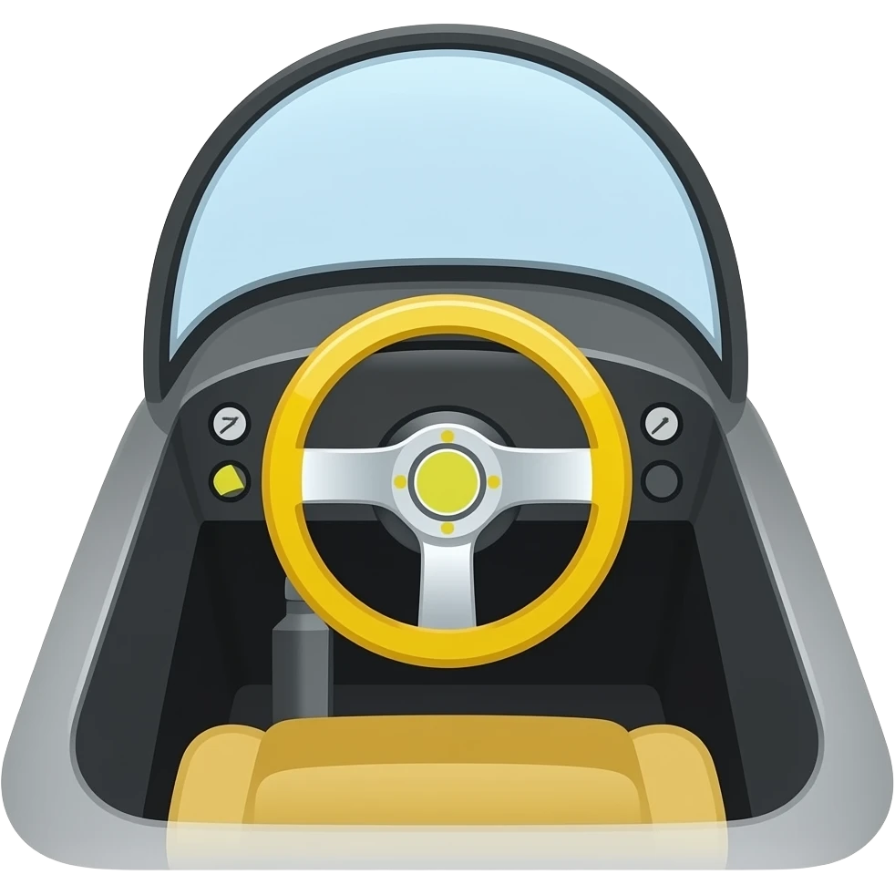 Yellow emoji, view from inside a Formula 1 cockpit looking at the steering wheel, simple flat design, transparent background emoji