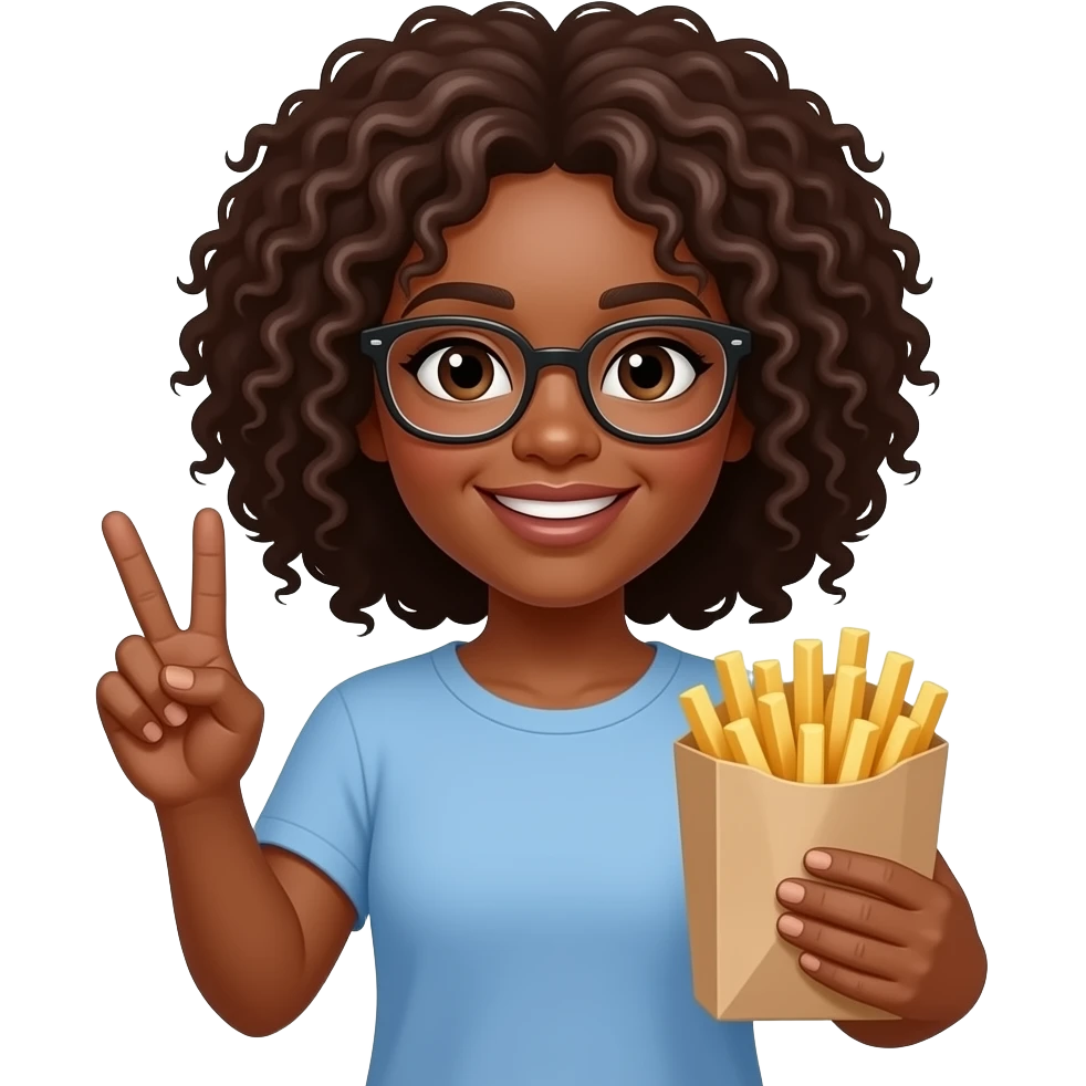 make a black woman with dark brown curly hair and glasses holding the peace sign and a bag of French fries emoji