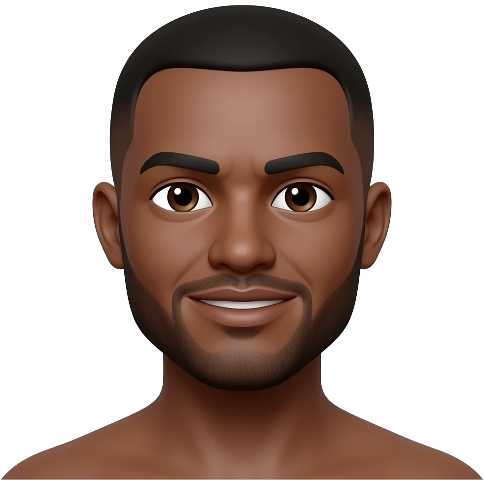 Crée un émoji 3D ultra détaillé inspiré d'un homme noir africain avec visage ovale légèrement allongé, peau brun foncé lisse, coupe dégradée très propre avec cheveux noirs courts, barbe fine parfaitement taillée avec bouc discret et moustache légère. Expression calme et confiante avec léger sourire. emoji