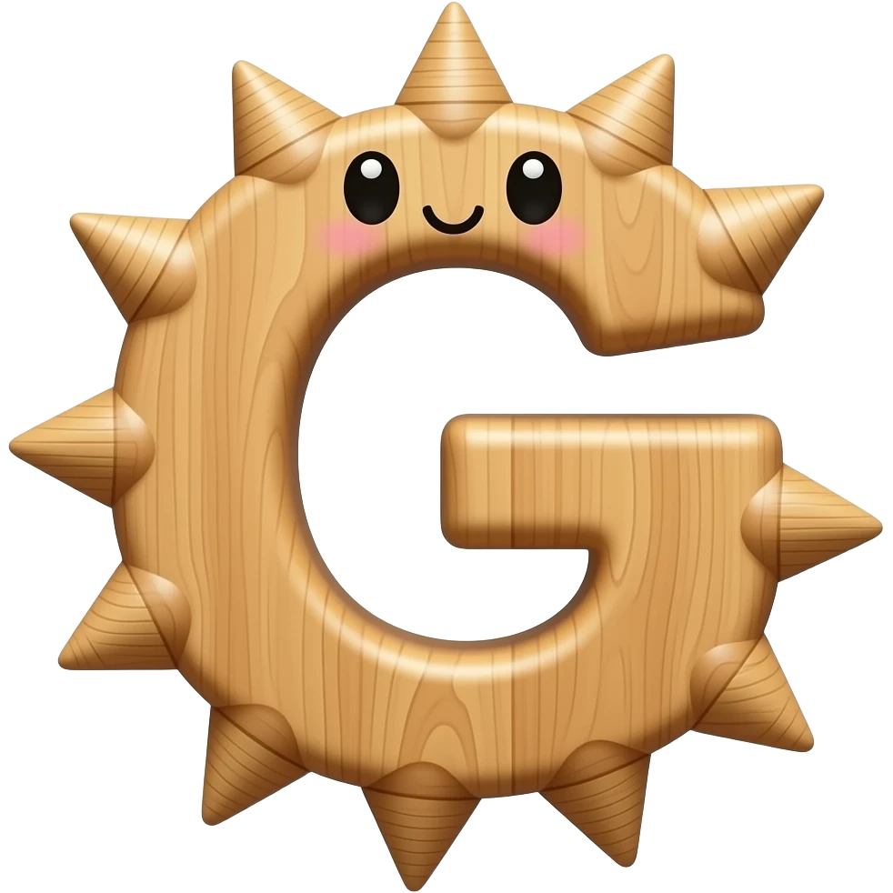 Lowercase seventh letter of the alphabet but is made of wood with a cute face and wooden spikes emoji