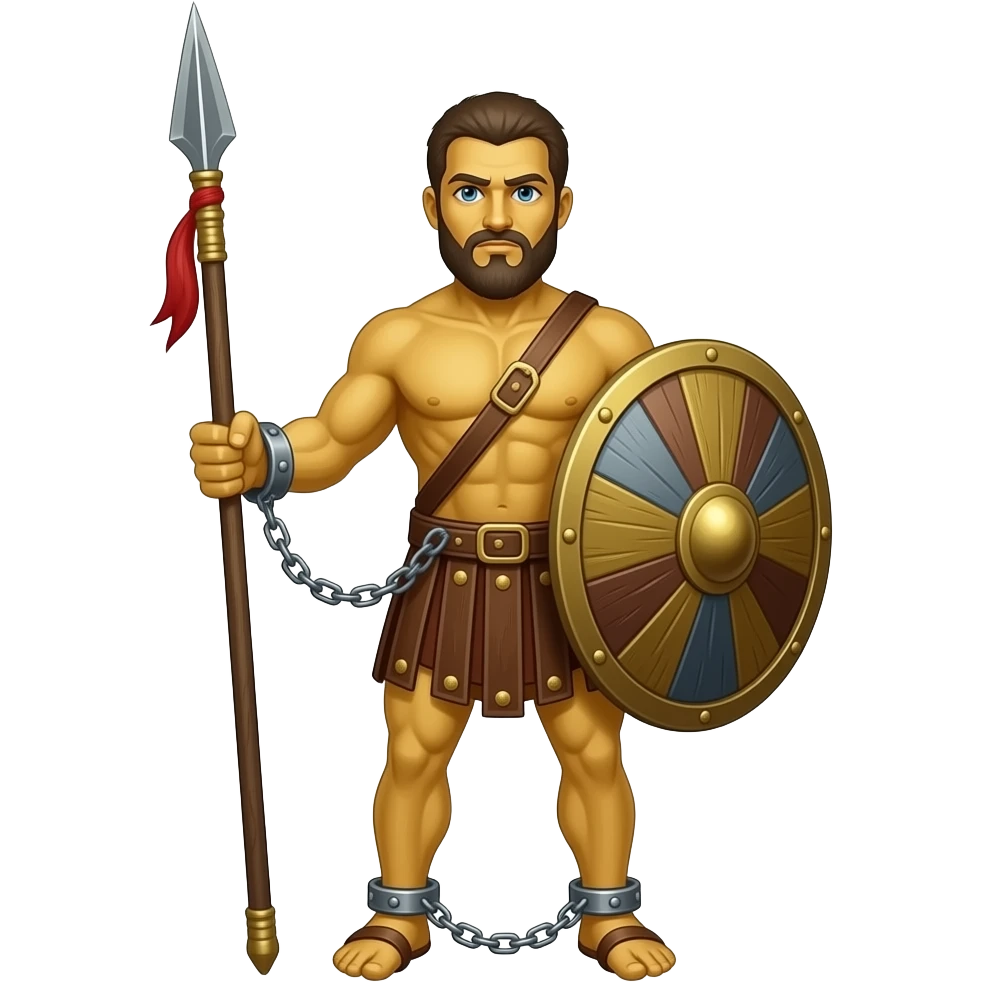 spartacus, minimal, full body, yellow skin, emoji style, more emojis style, more minimal, with weapons, more simplistic, emoji style, shackles on wrist with broken chains, beard emoji