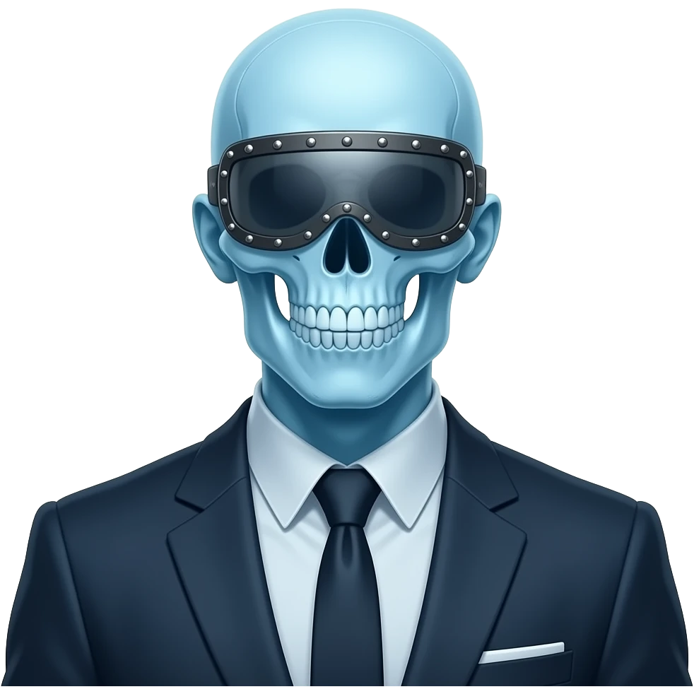a skeletal figure wearing a suit. His eyes are covered by a riveted-on visor, his mouth is clamped shut and his ears capped. He stands ready to fight. The whole scene  has a blue hue as if it's frozen emoji