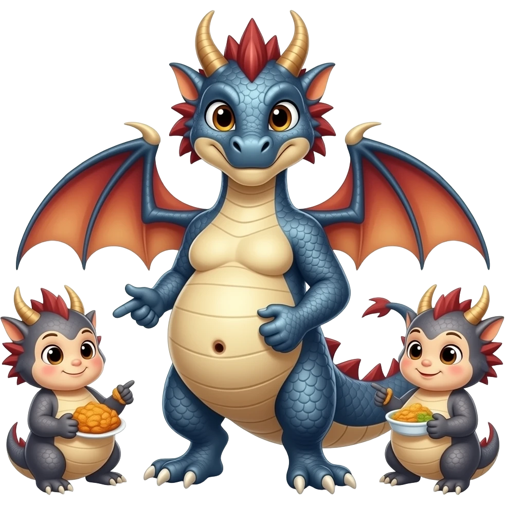 A female eastern dragon,enjoyed a great buffet,now she pretends she has a twin baby bump,she sticks out her big full stomach,she is just perfect pointing cutely at her food baby,it is a guessing game with her bun in the oven,but she knows she is just fat,her bellybutton makes agreement with clues. emoji