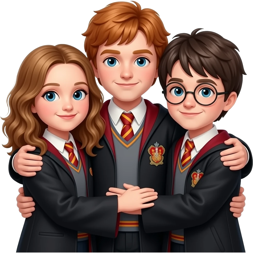 Hermione granger, Ronald Weasley, and Harry Potter hugging e emoji