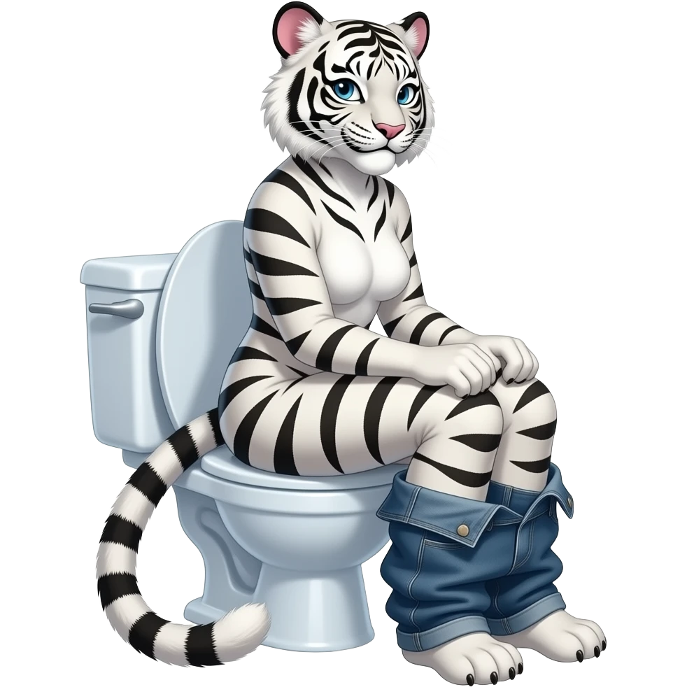 Female white tiger furry person woman,smile,sit on toilet,fursona,pants down,side view emoji