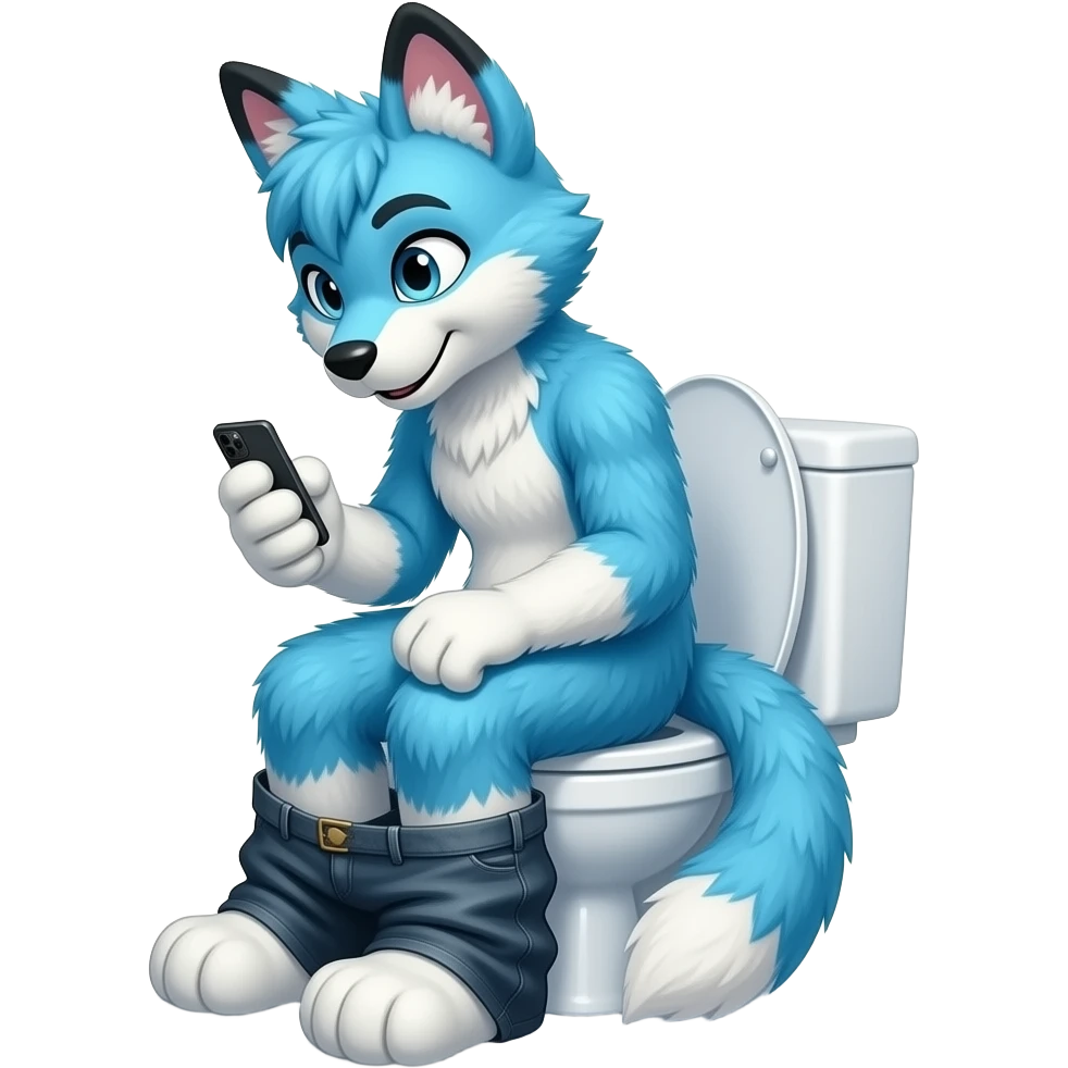 blue fursuit sitting on toilet, side view, pants down, looking down at phone emoji