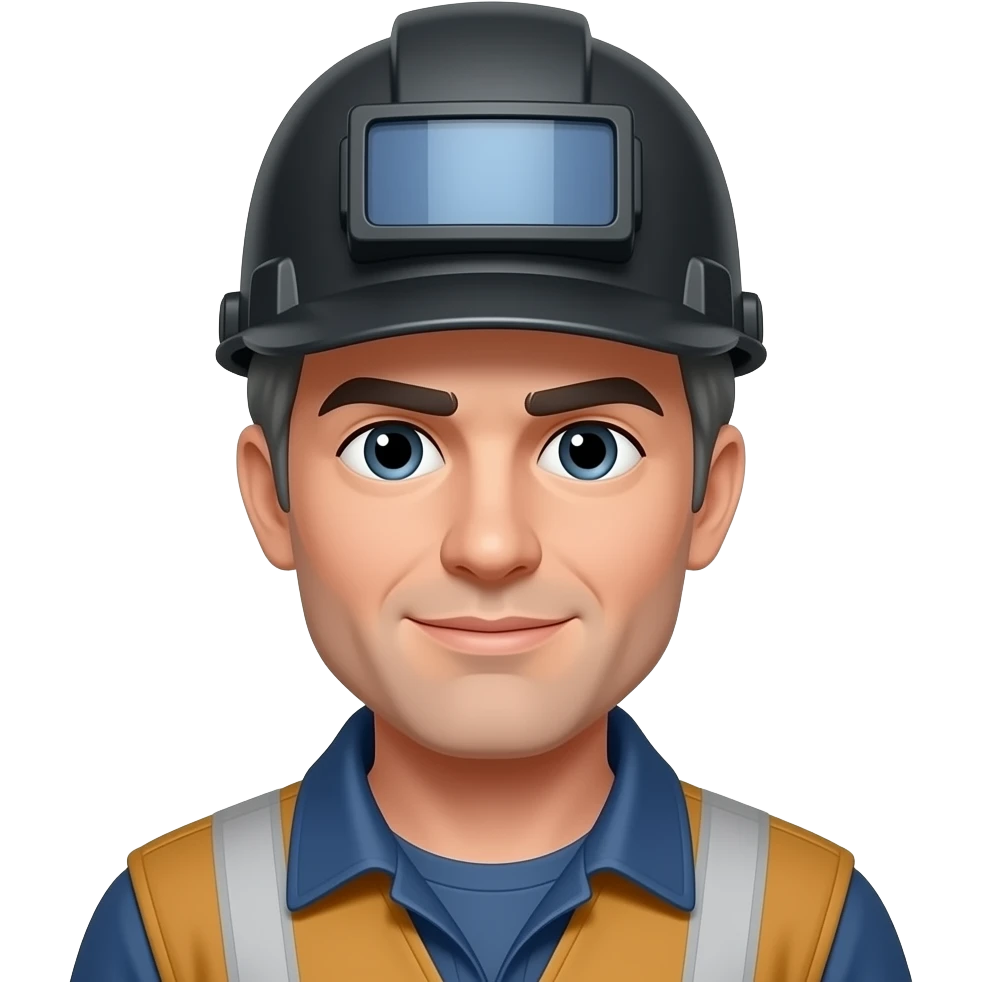 man with gray and black hair mixed like a bridge. He's wearing a welder's hat. don't have a beard emoji