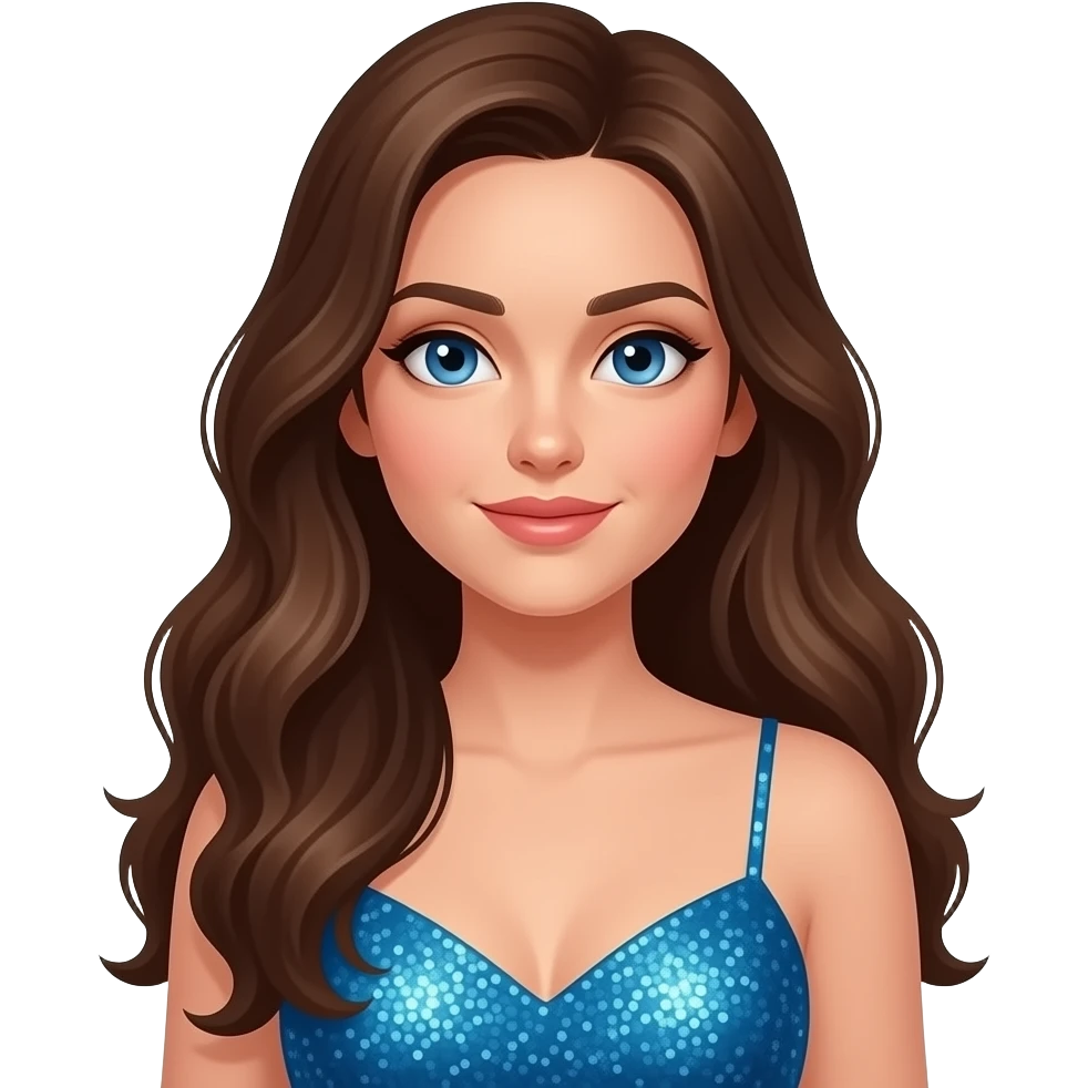 woman with brown hair and blue eyes wearing a blue dress that is colored like the ocean emoji