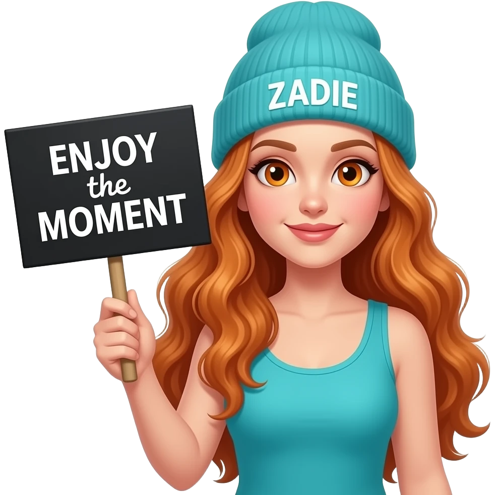sexy girl with overlong wavy ginger hair and ginger eyes wearing a turquoise tanktop and a turquoise beanie with ZADIE written on it, is holding a black sign with ENJOY the MOMENT written on it emoji