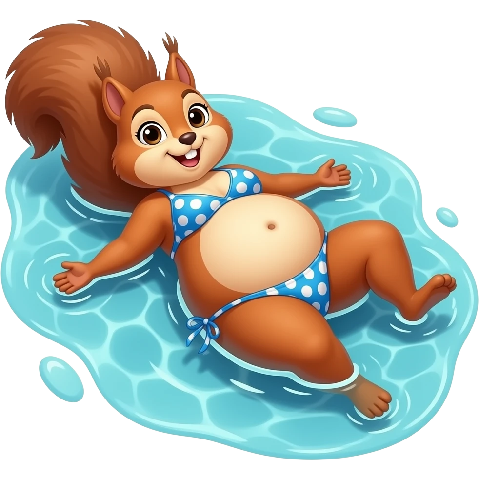 The female squirrel enjoys the beach holiday in her swimmers,but she is so full from a lunch break that she is about to burst,Then her fat Tummy rolls & drops out,she will just lay on her back in the shallow cool water,her gluttonous bellybutton promotes a good resort business. emoji