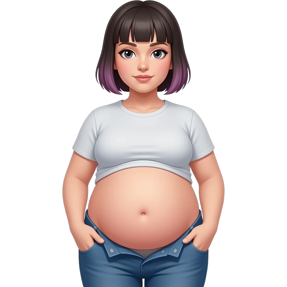 A girl with a semi pixie emo hairstyle,wears a crop top and a unbuttoned pants,stocky robust build,she always looks constantly well fed & pregnant like,her tummy is big & round,heavy in the belly,she is stuffed silly,her bellybutton is deep hollow innie like a tiny void. emoji