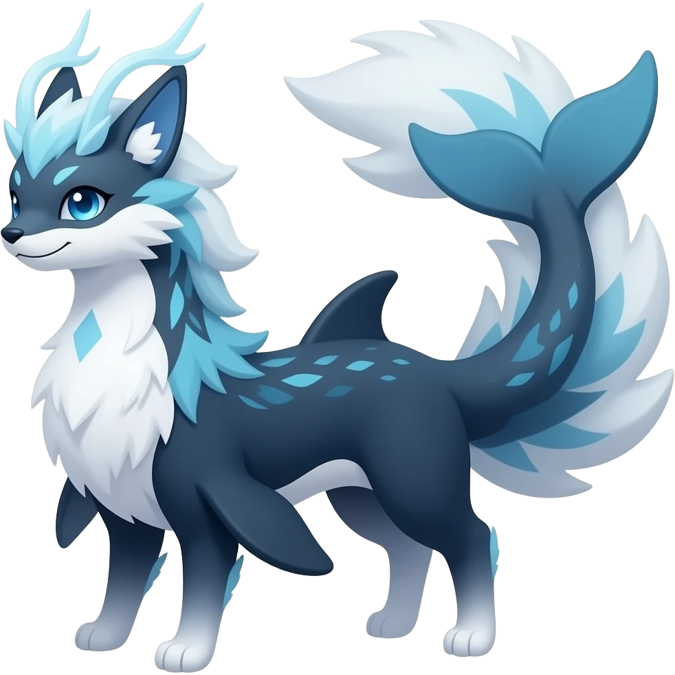 Bluish blackish whitish greyish gradients Absol-Amaura-Xerneas-Aurorus-Vulpix-hybrid with orca tail emoji
