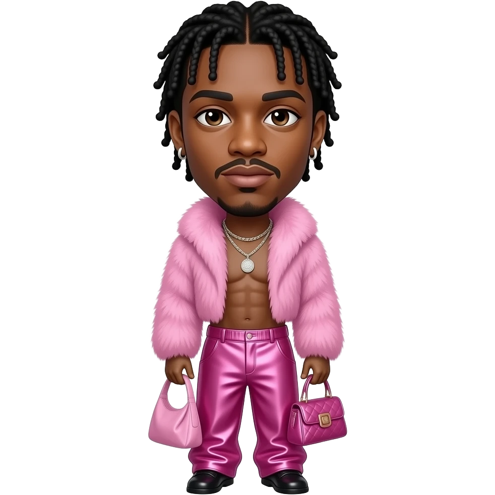 Lil Nas X with dark brown eyes, black hair, pink fur shawl, fuchsia metallic baggy pants, shirtless with necklace and earrings emoji