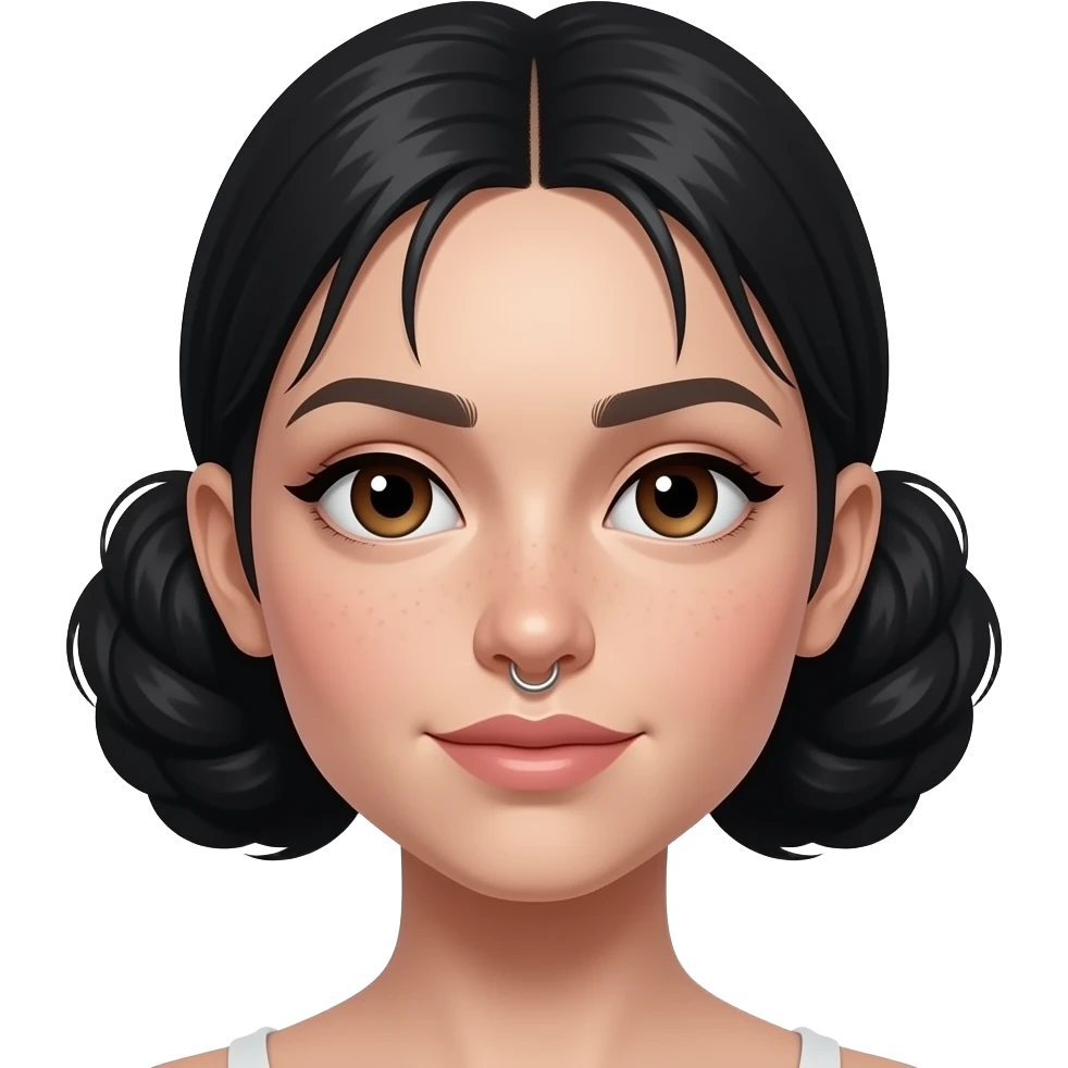 CHICA CON MOÑOS  BAJOS EN LA CABEZA. PELO NEGRO Y SIN FLEQUILLO. SEPTUM EN LA NARIZ. OJOS MARRONES. emoji