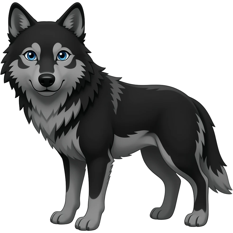 black wolf with blue eyes and greyish white markings over the left eye around the eye,  and a light grey patch on the torso and tail emoji